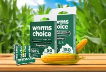 Worms Choice compostable poop bags on a roll, green packaging