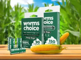 Worms Choice compostable poop bags on a roll, green packaging
