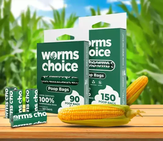 Worms Choice compostable poop bags on a roll, green packaging
