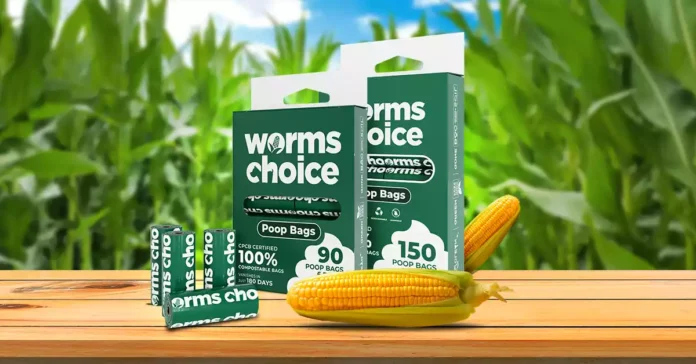 Worms Choice compostable poop bags on a roll, green packaging