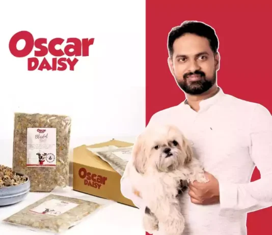 Oscar Daisy: Dog eagerly eating from a bowl of fresh pet food